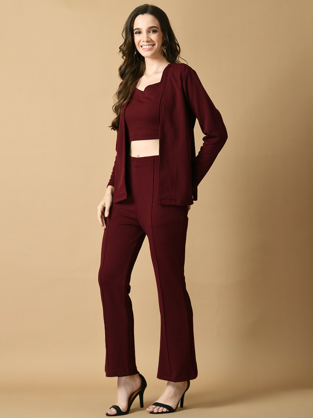 Myshka Women's Magenta Solid Coat With Trousers