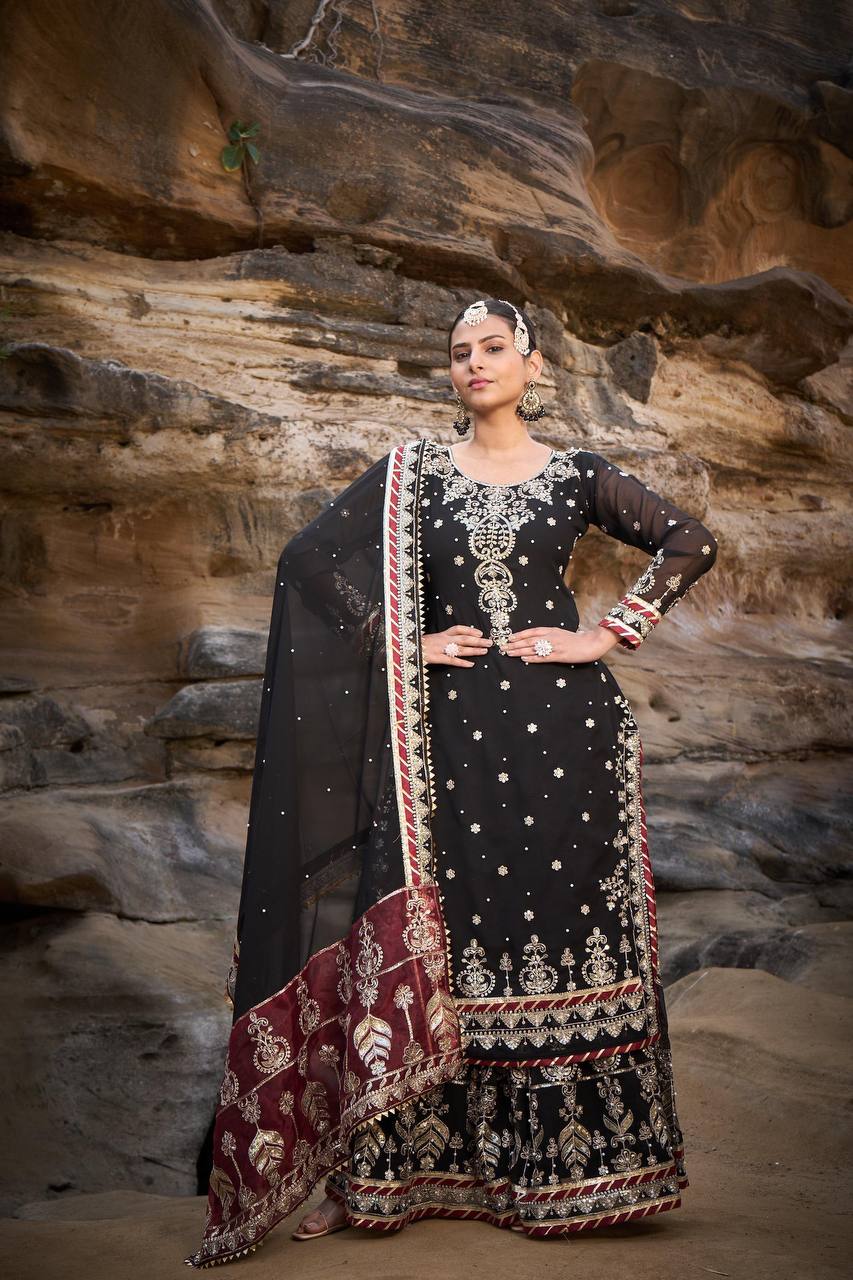 Lehenga Mart Designer Black Faux Georgette Ready to wear Sharara Suit for Eid
