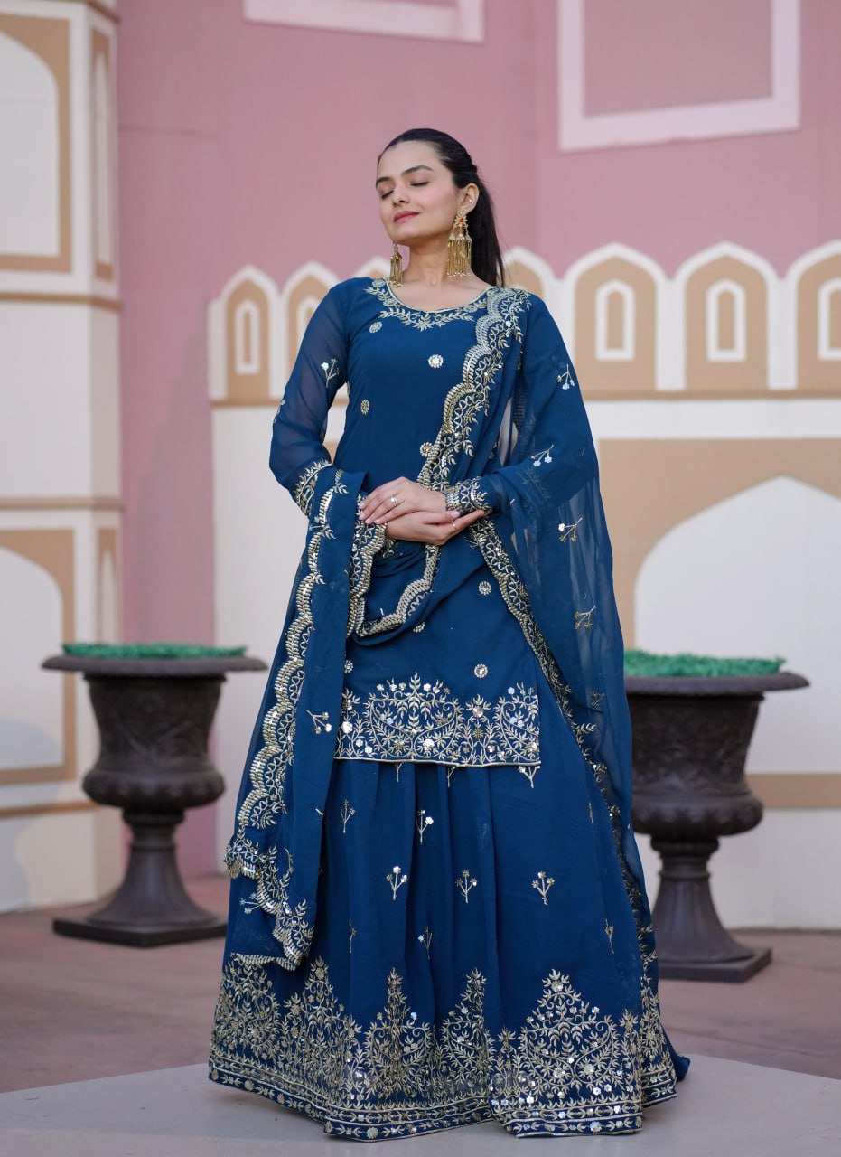 Teeya Creation Blue Color Faux Georgette Fully Stitched Sharara Suit