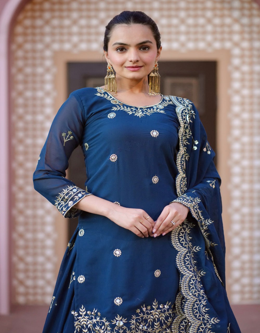 Teeya Creation Blue Color Faux Georgette Fully Stitched Sharara Suit