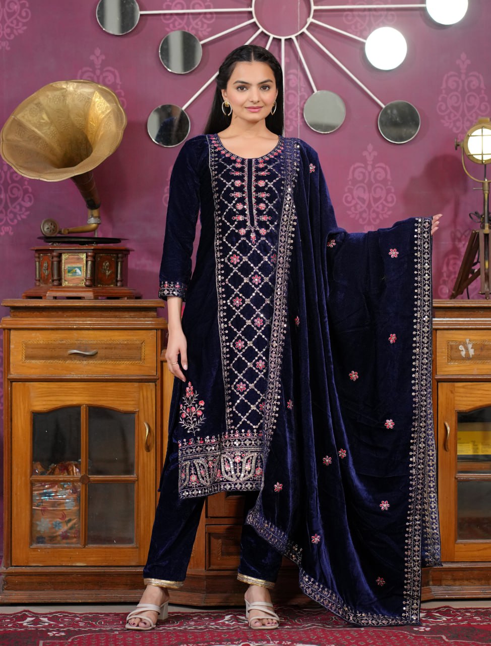Teeya Creation Blue Color Velvet Fabric Heavy Embroidery Work Fully Stitched Salwar Suit