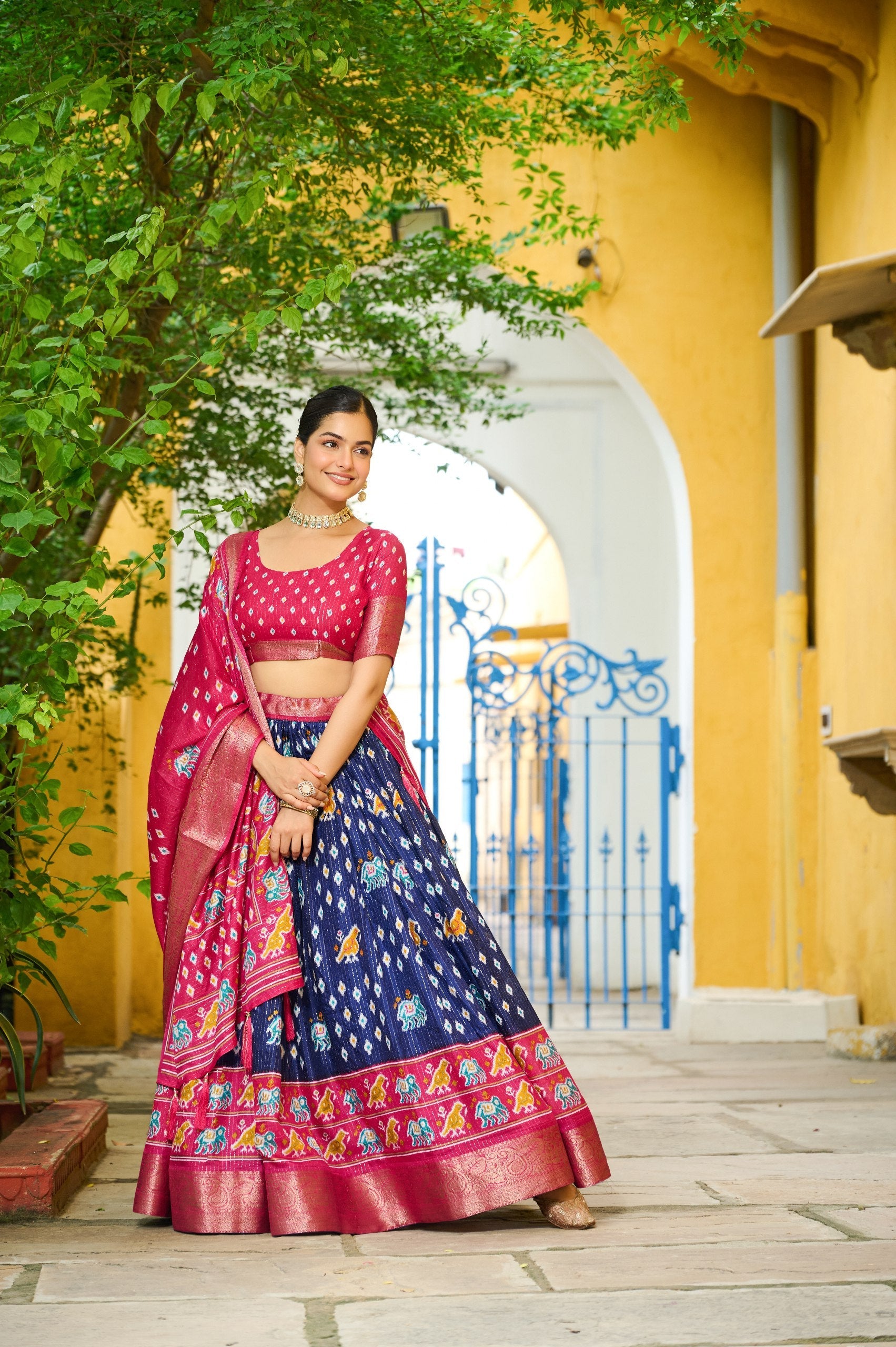 DEIANA'S Jacquard With Jari Lining With Print Lehenga Choli - Navy Blue