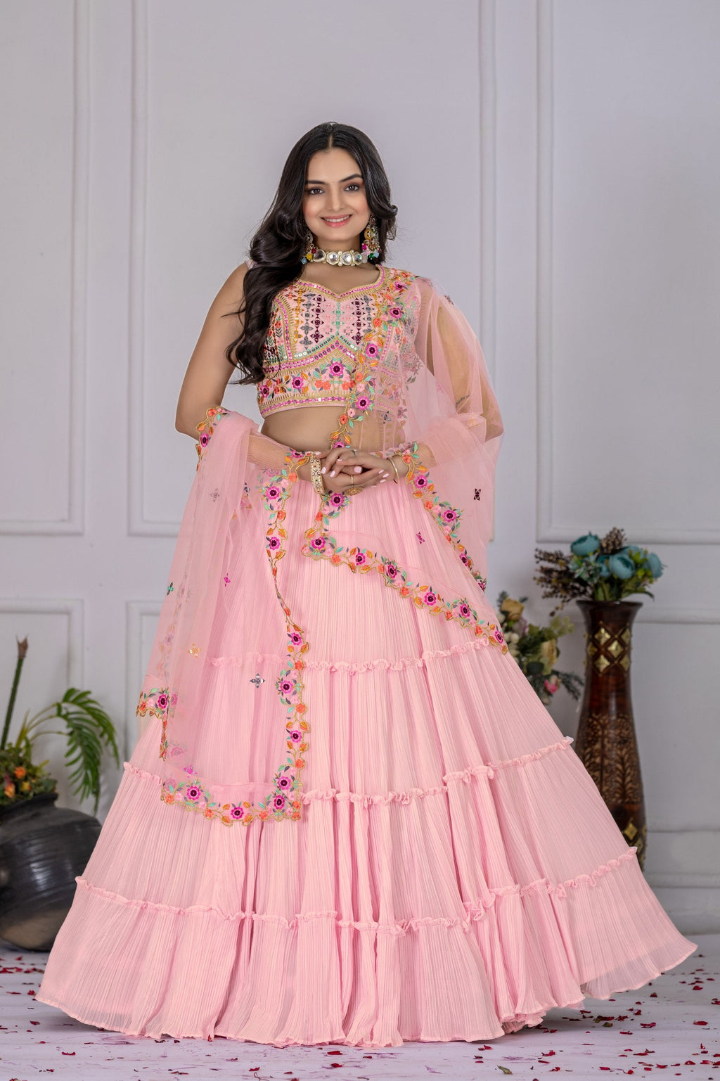 DEIANA'S Heavy Plain with crease work Lehenga Choli - Pink