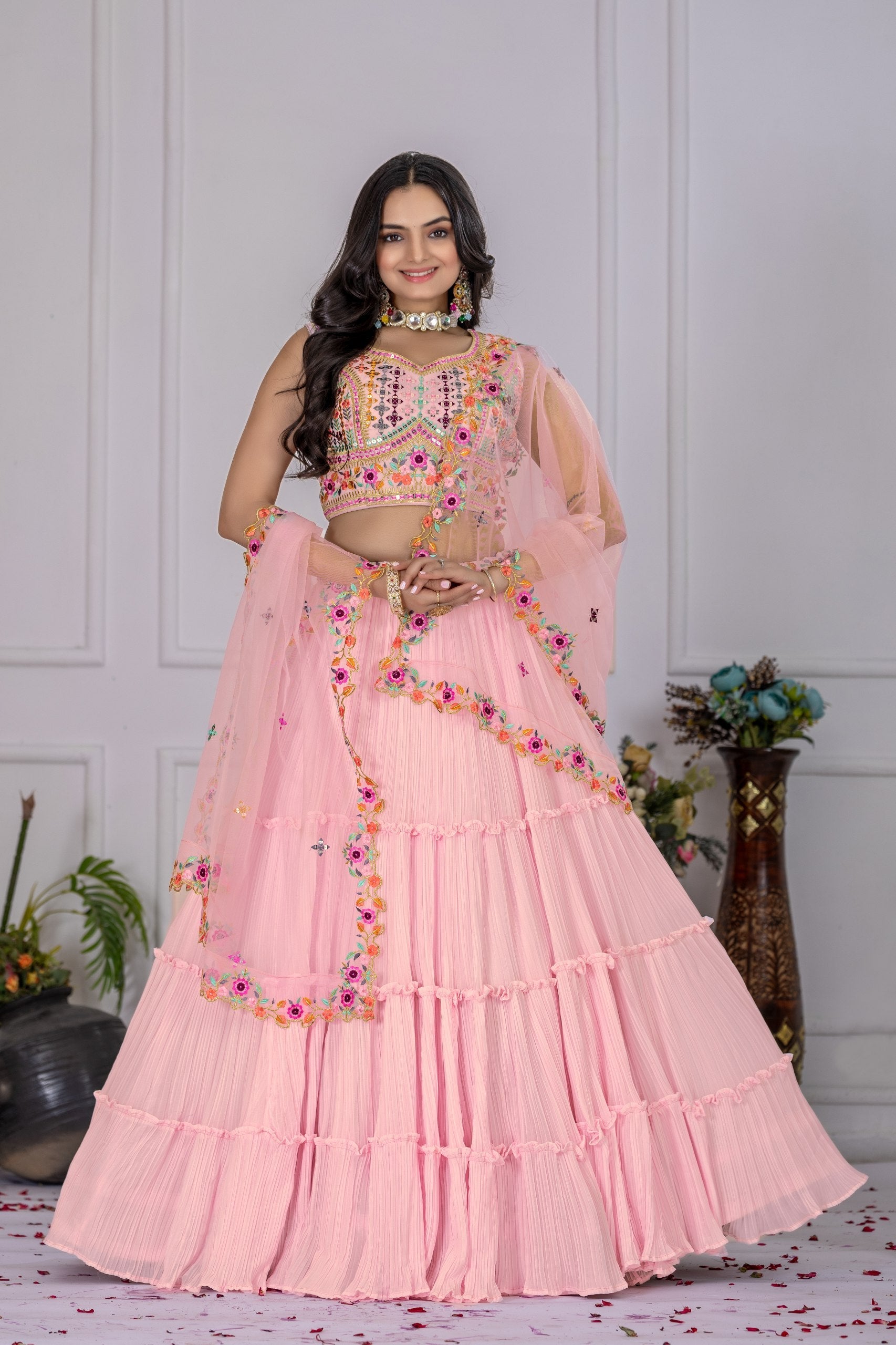 DEIANA'S Heavy Plain with crease work Lehenga Choli - Pink