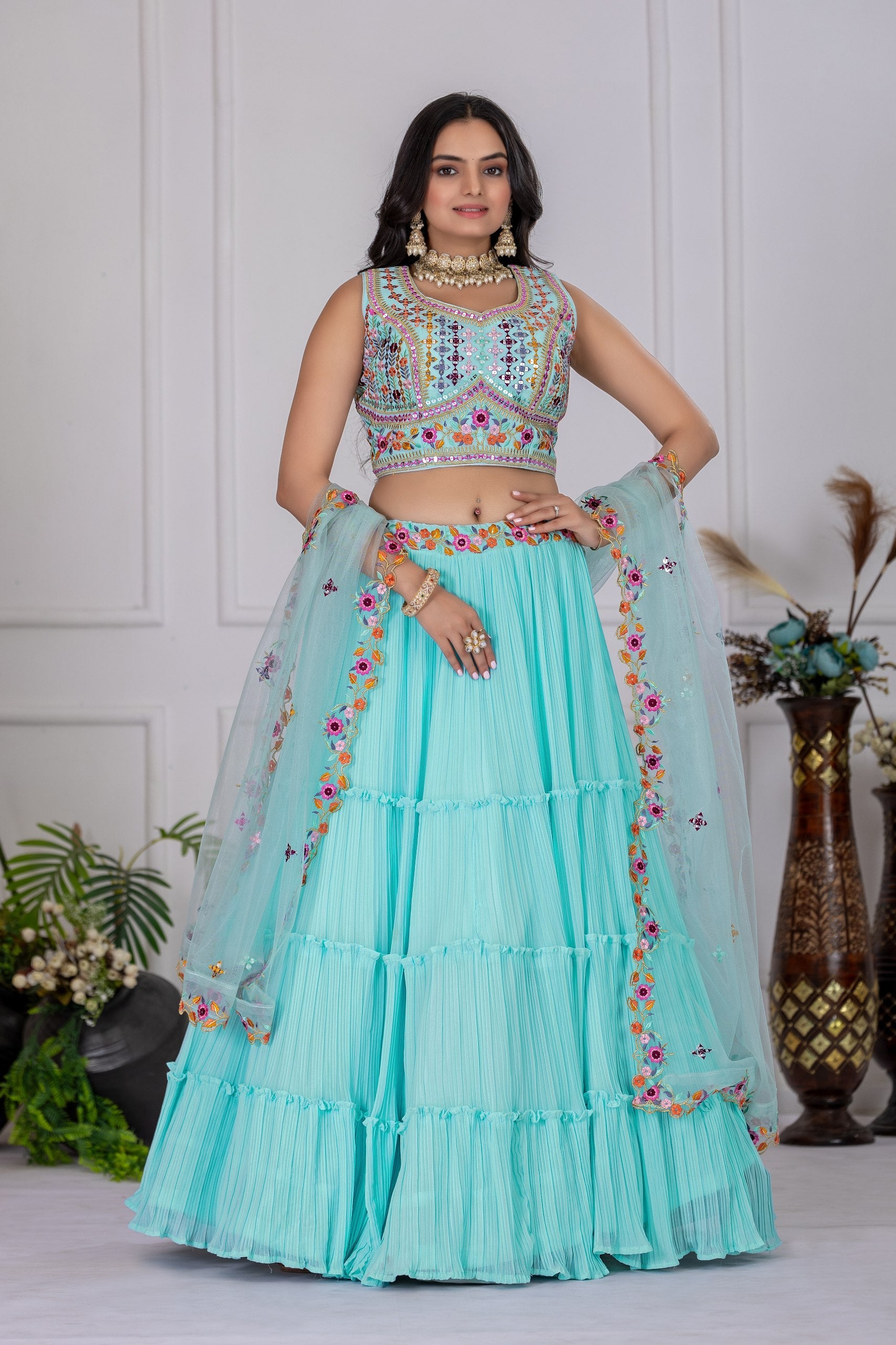 DEIANA'S Heavy Plain with crease work Lehenga Choli - Sky Blue