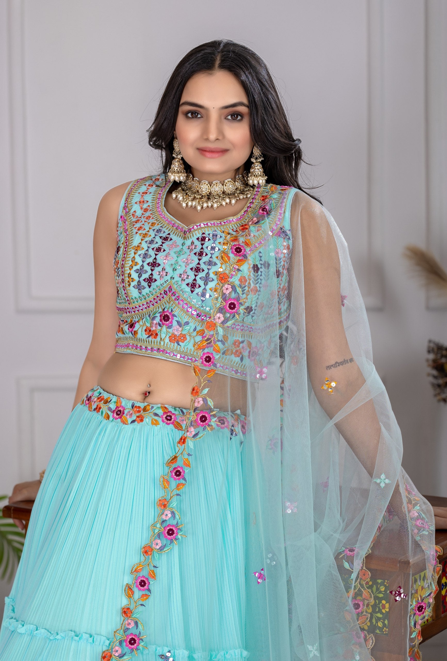 DEIANA'S Heavy Plain with crease work Lehenga Choli - Sky Blue