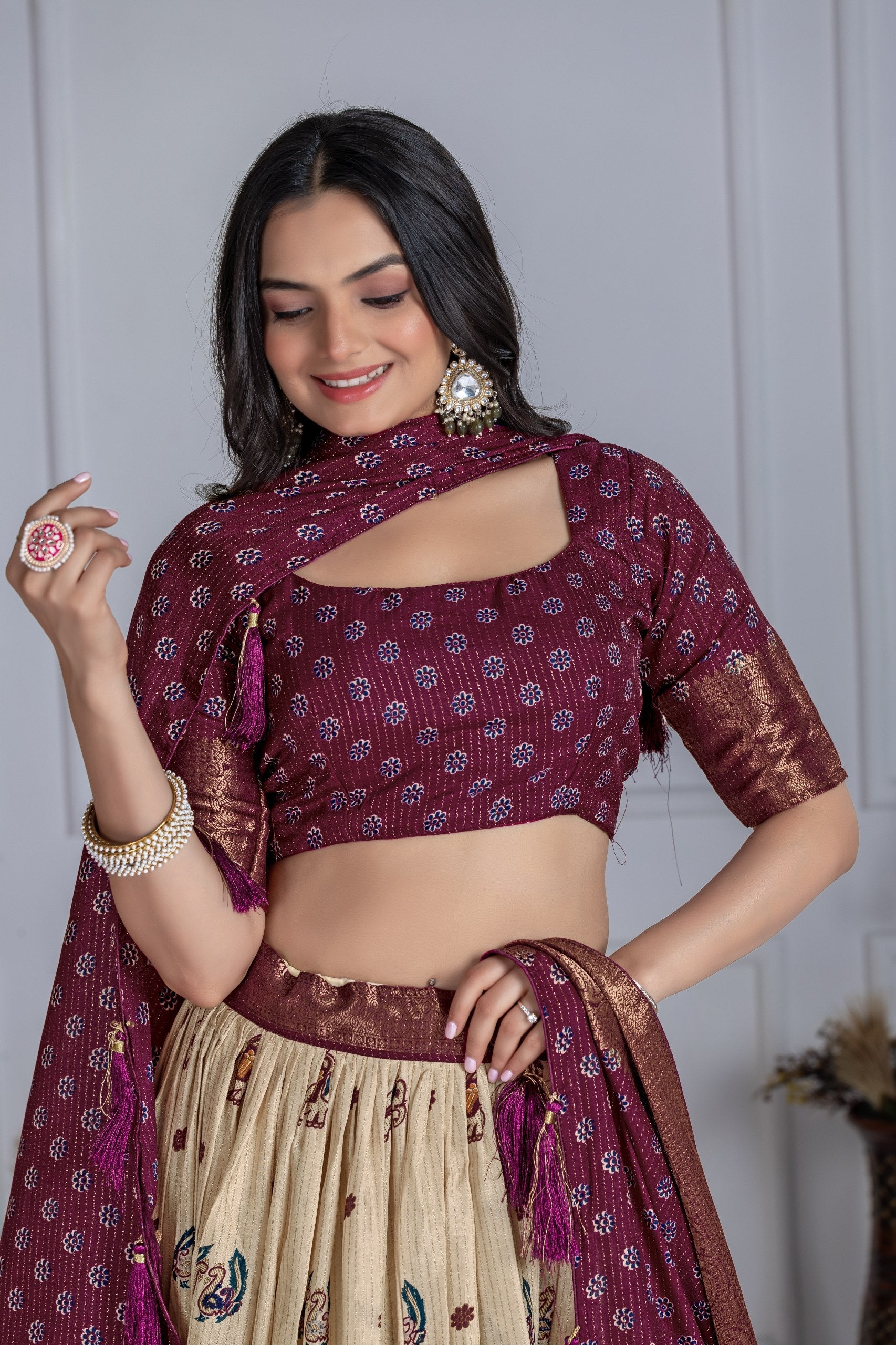 DEIANA'S Jacquard With Jari Print Weaving Lehenga Choli - Off White
