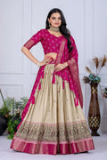 DEIANA'S Jacquard With Jari Lining With Print Lehenga Choli - Off White