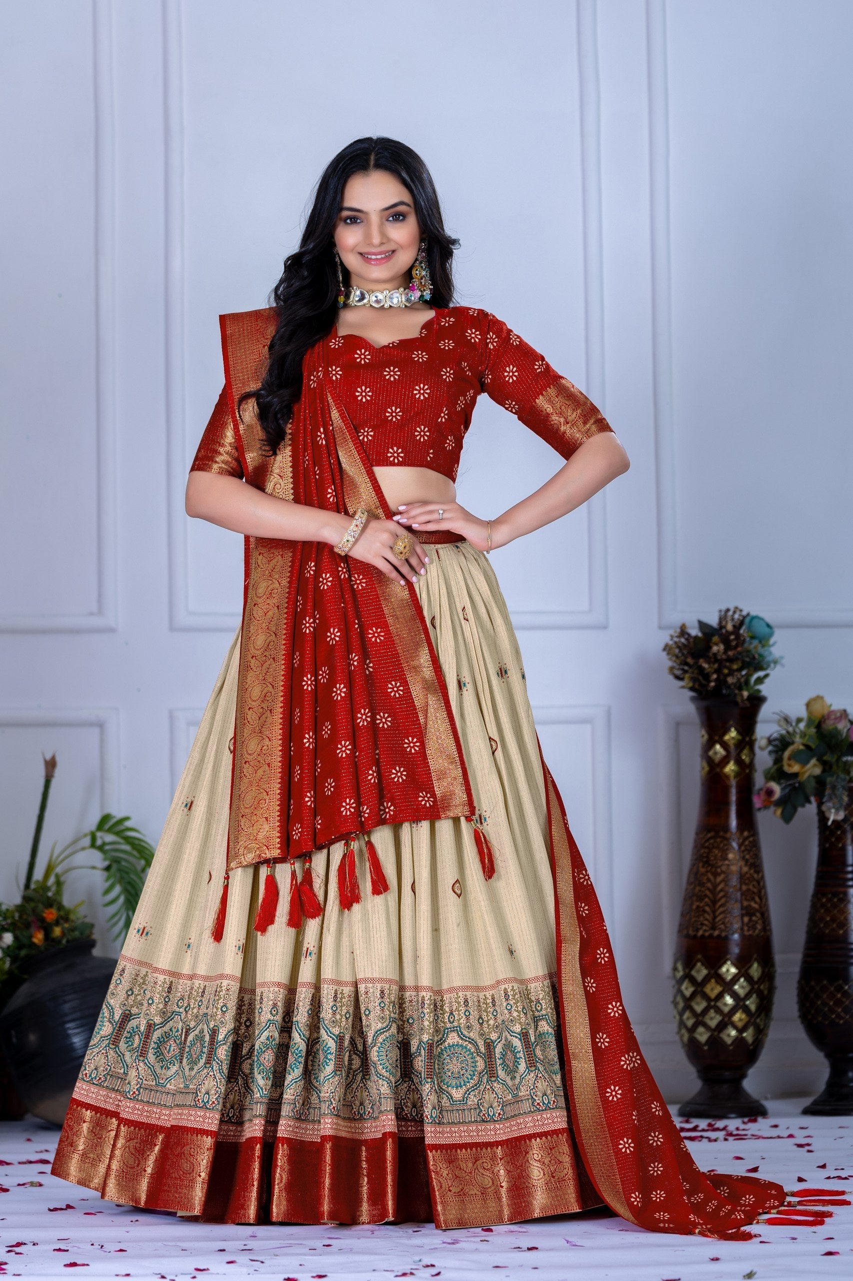 DEIANA'S Jacquard With Jari Lining With Print Lehenga Choli - Off White