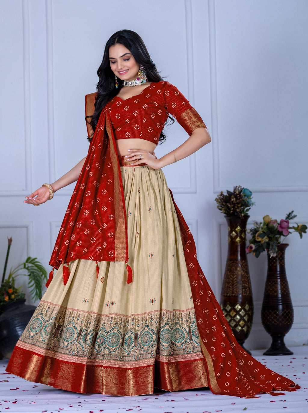 DEIANA'S Jacquard With Jari Lining With Print Lehenga Choli - Off White