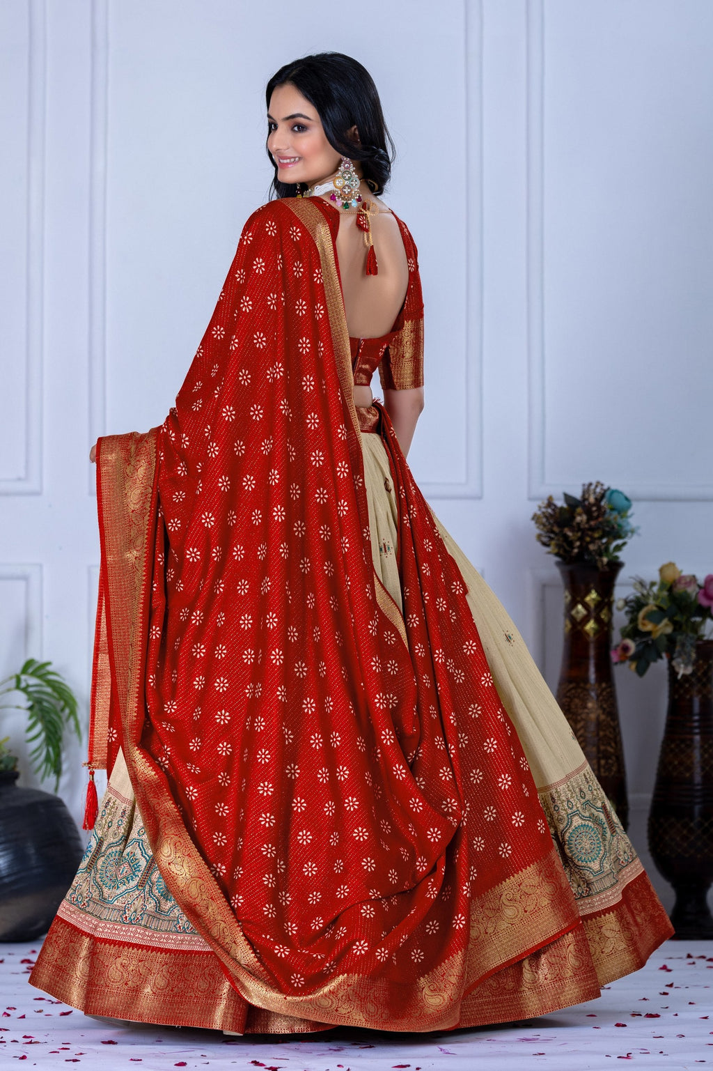 DEIANA'S Jacquard With Jari Lining With Print Lehenga Choli - Off White