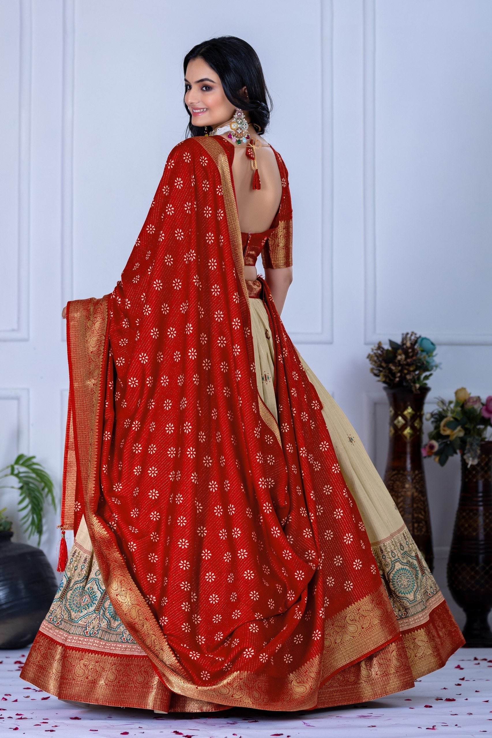 DEIANA'S Jacquard With Jari Lining With Print Lehenga Choli - Off White
