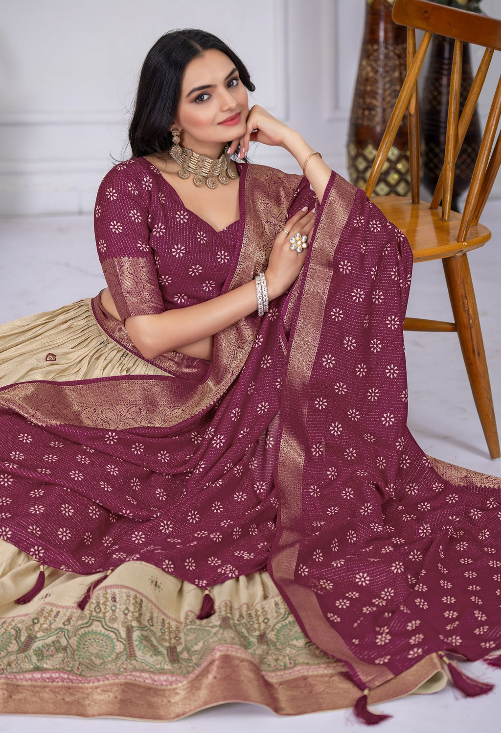 DEIANA'S Jacquard With Jari Lining With Print Lehenga Choli - Off White