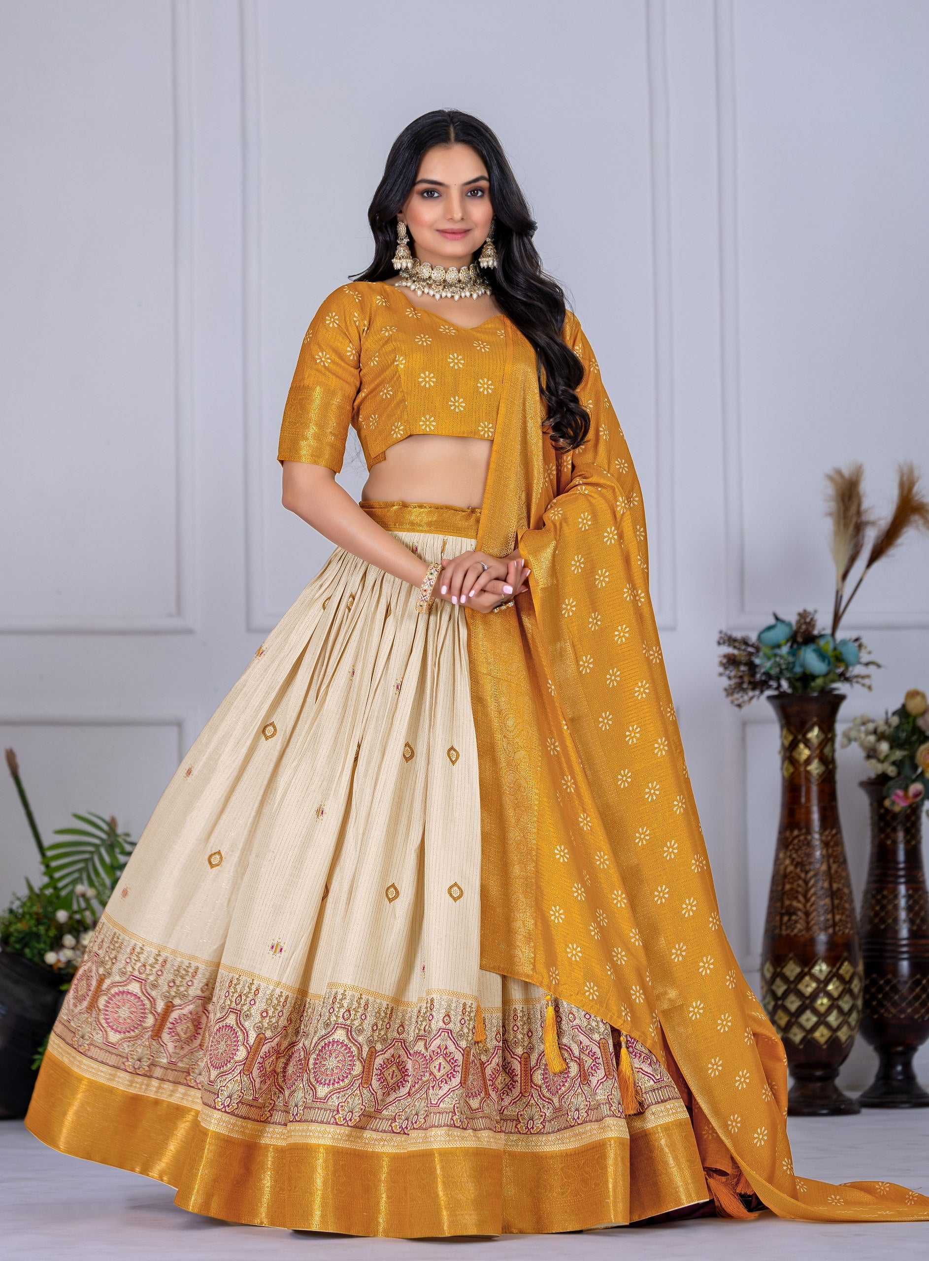 DEIANA'S Jacquard With Jari Lining With Print Lehenga Choli - Off White