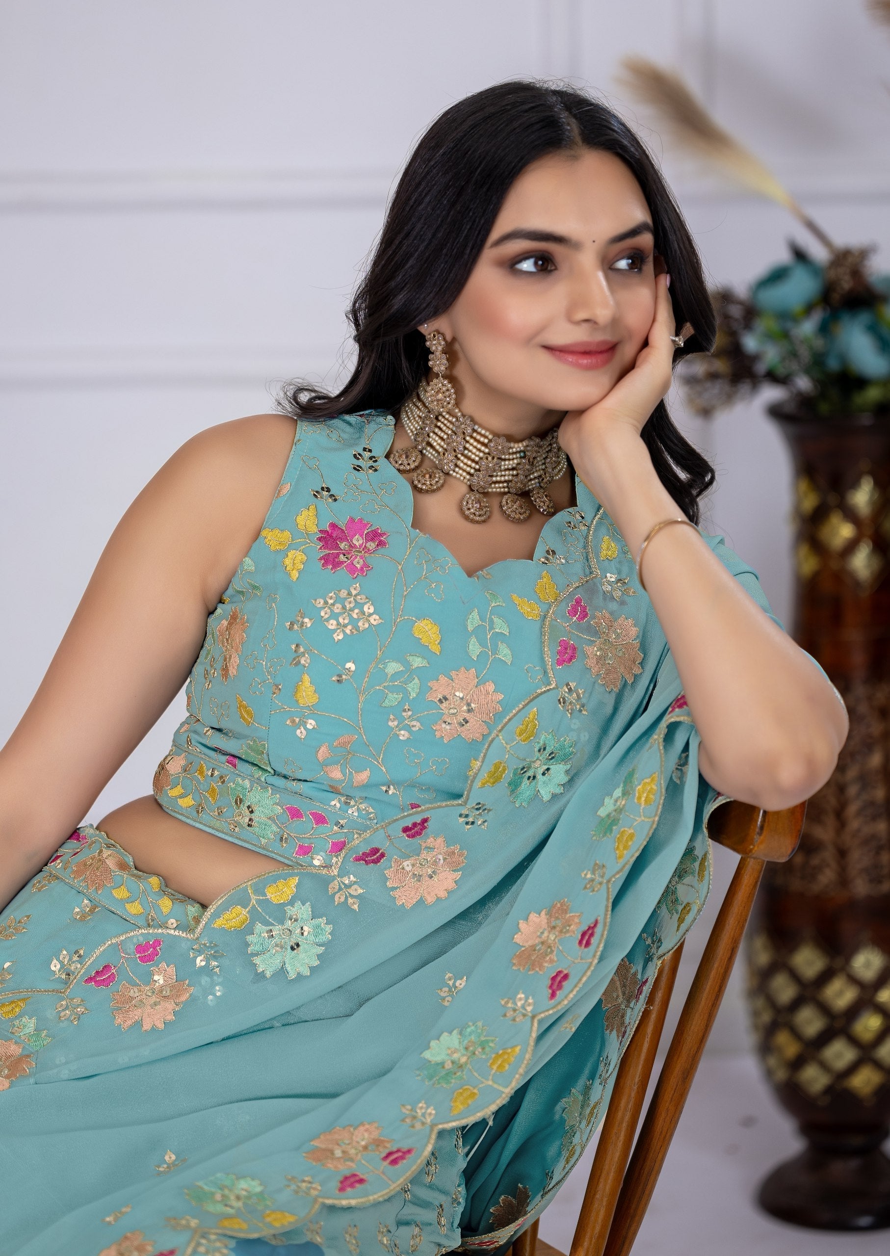 DEIANA'S Heavy Embroidery With Multi Thread Work Lehenga Choli - Firozi
