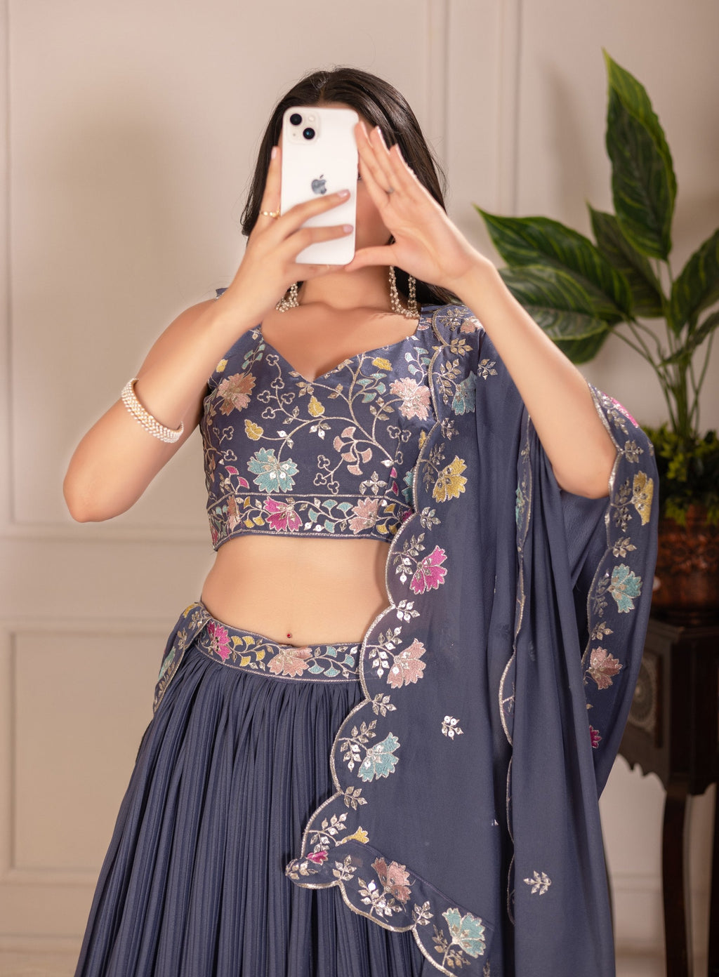 DEIANA'S Heavy Plain with crease work Lehenga Choli - Grey