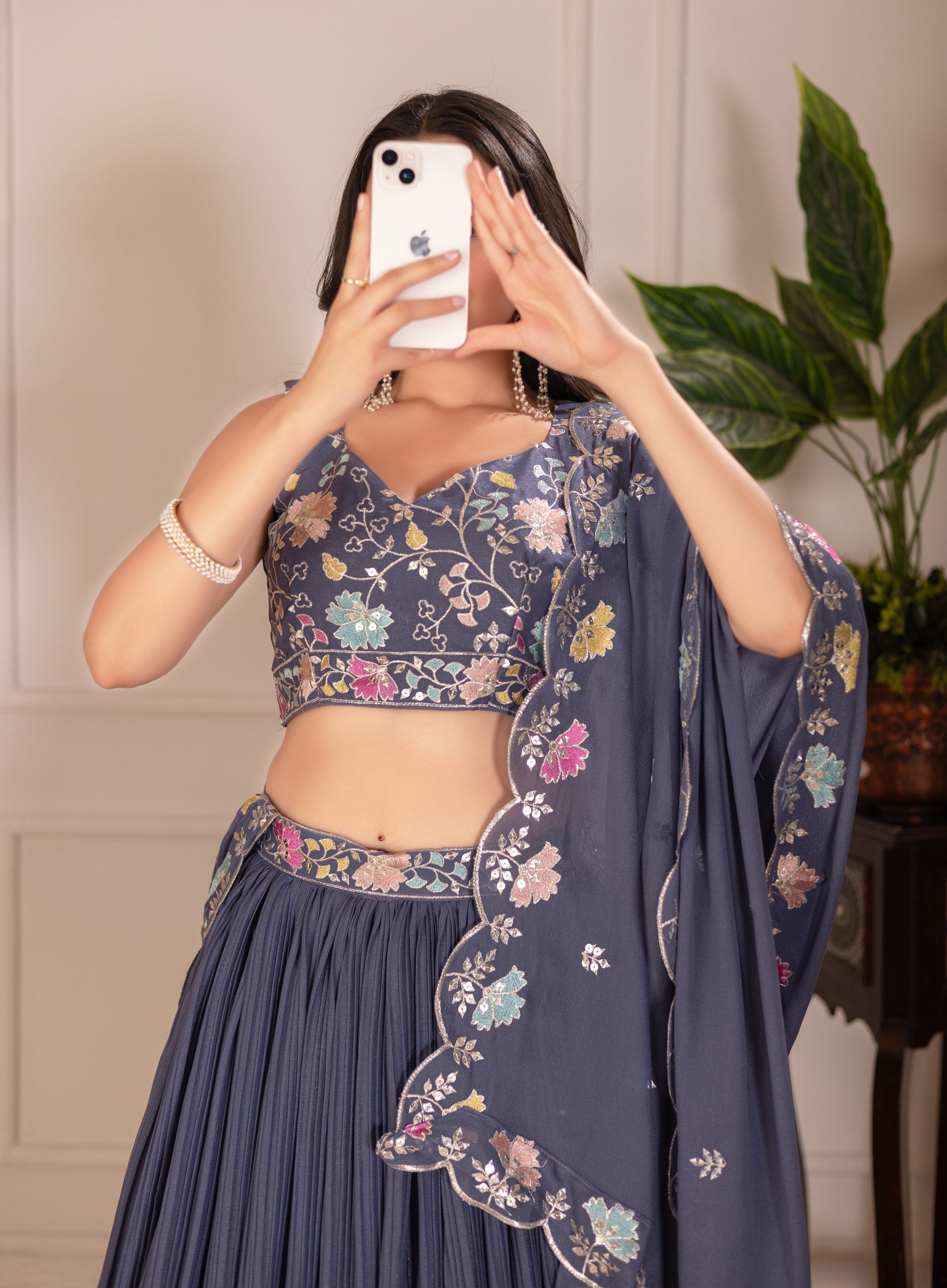 DEIANA'S Heavy Plain with crease work Lehenga Choli - Grey