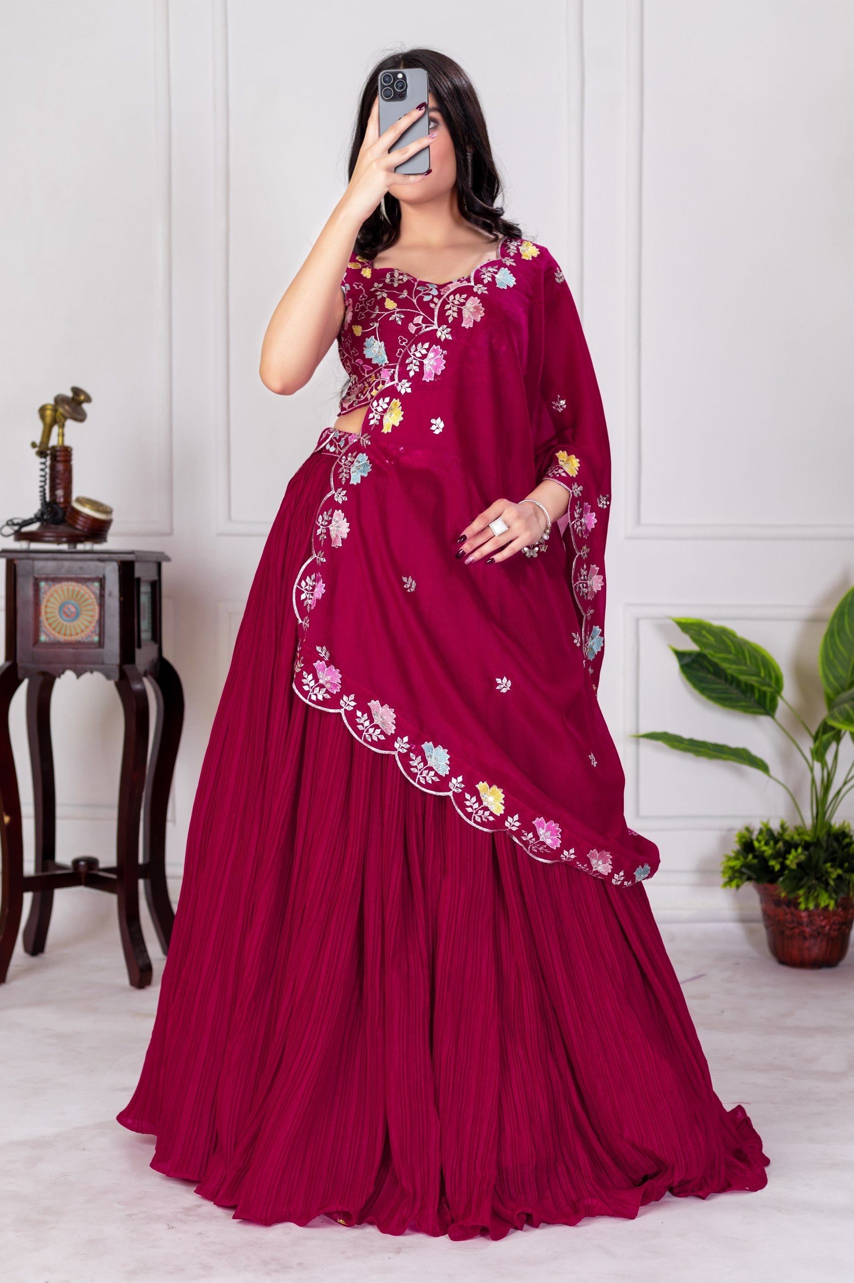 DEIANA'S Heavy Plain with crease work Lehenga Choli - Red