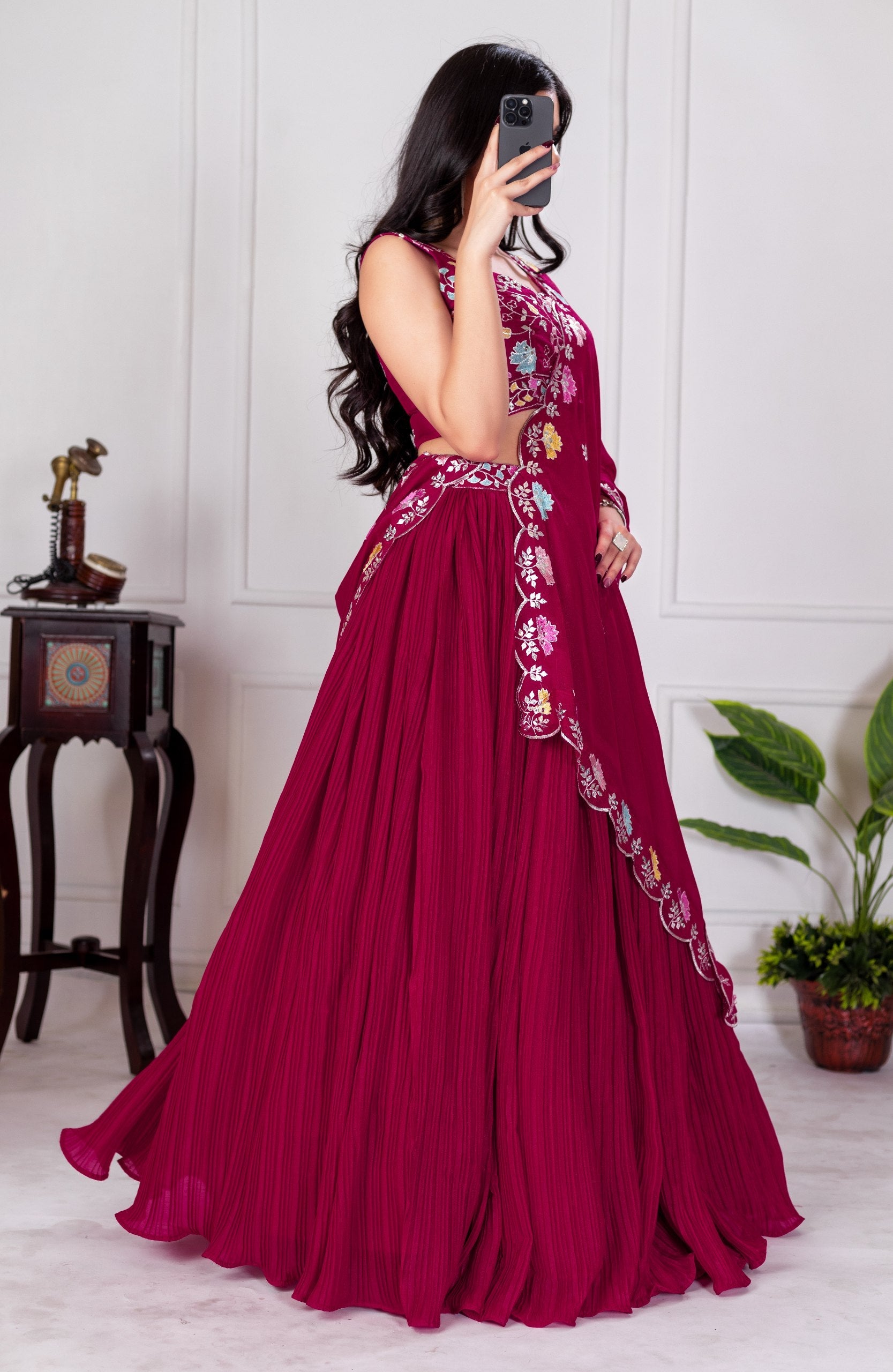 DEIANA'S Heavy Plain with crease work Lehenga Choli - Red