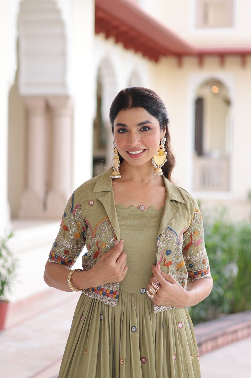 Evanik Women Vichitra Silk With Sequins, Zari & Thread Embroidered work Gown With Stylish Koti