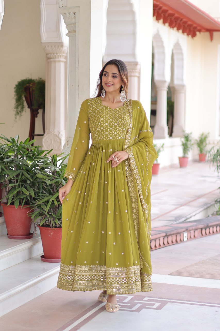 Evanik Mehendi Faux Georgette with Rich Sequins & Zari Embroidered work Gown