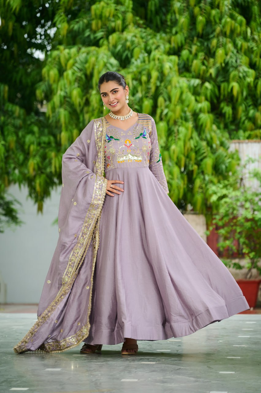 Evanik Women Vichitra Silk with Rich Sequins, Multi Thread & Zari Embroidered work Wedding Gown