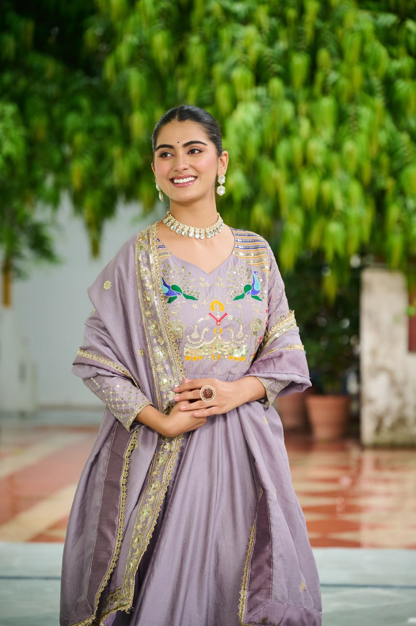 Evanik Women Vichitra Silk with Rich Sequins, Multi Thread & Zari Embroidered work Wedding Gown