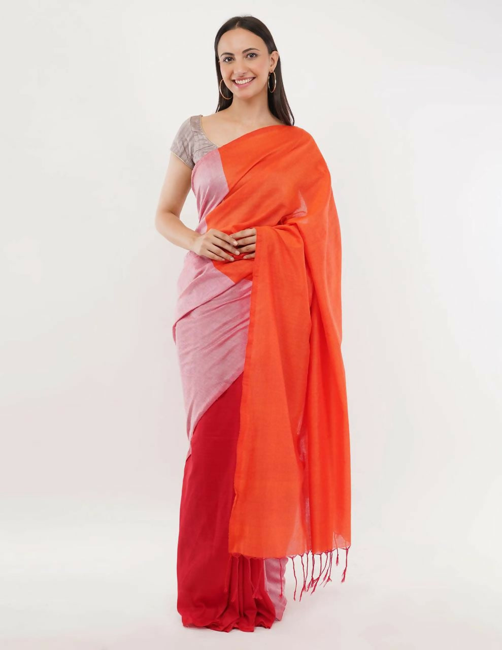 Exclusive Collection Beautiful Khadi Cotton Orange Light Pink Red Handloom Saree