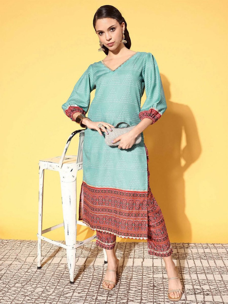 Ahalyaa Women's Teal Cotton Blend Digital Printed Kurta Pant Set