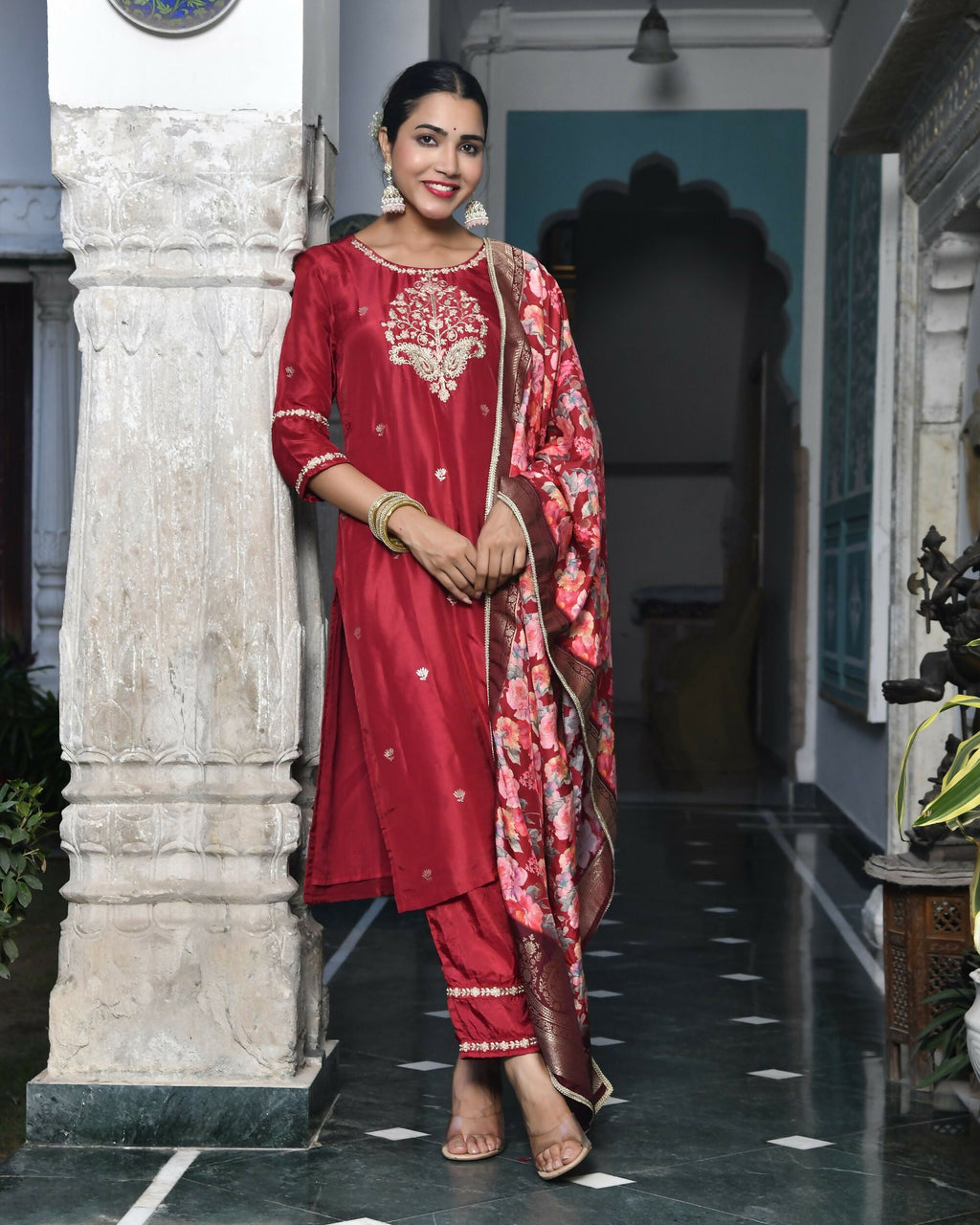 Vaasva Women's Silk Emboidered Solid Pant Set & Digital Printed Dupatta