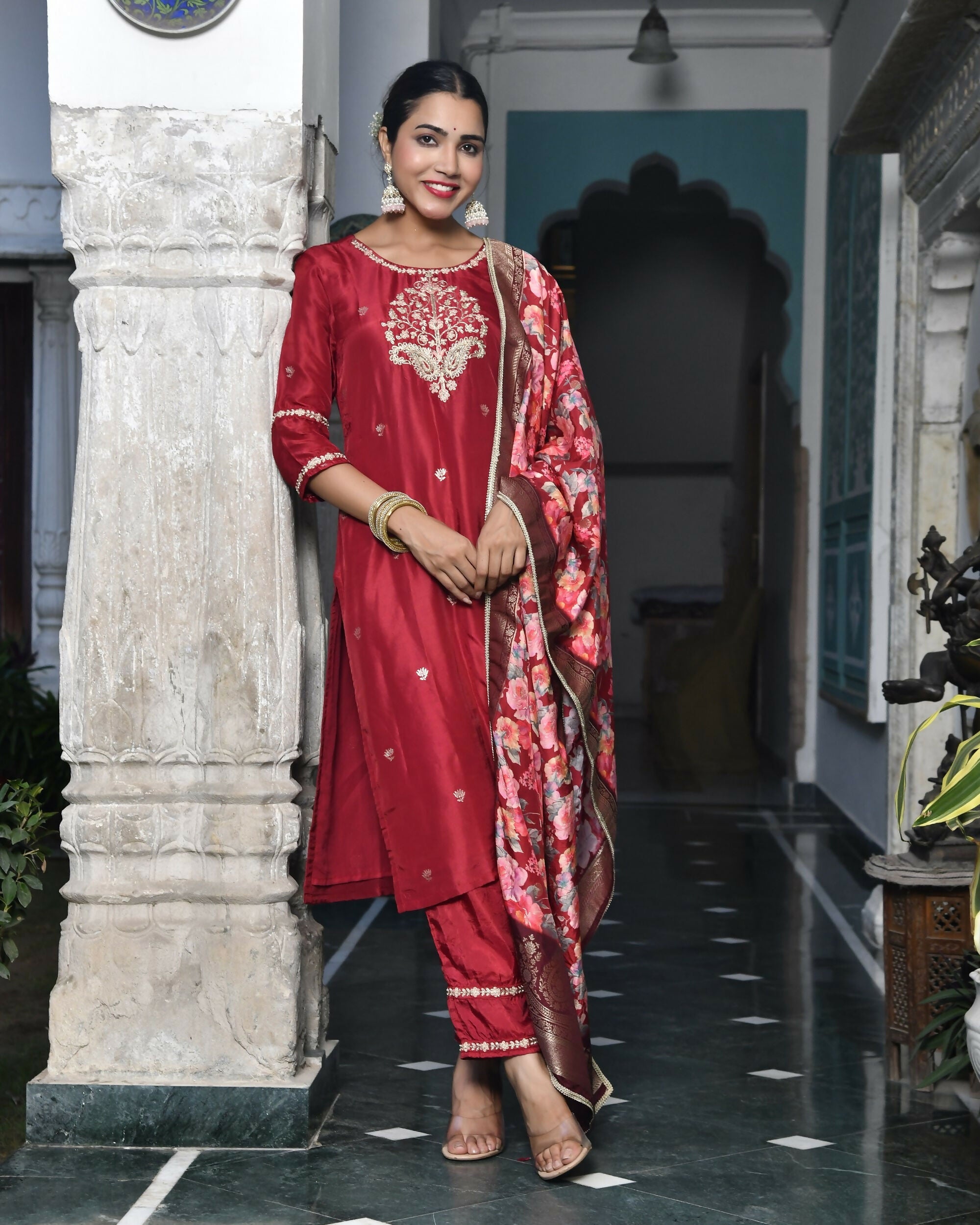 Vaasva Women's Silk Emboidered Solid Pant Set & Digital Printed Dupatta