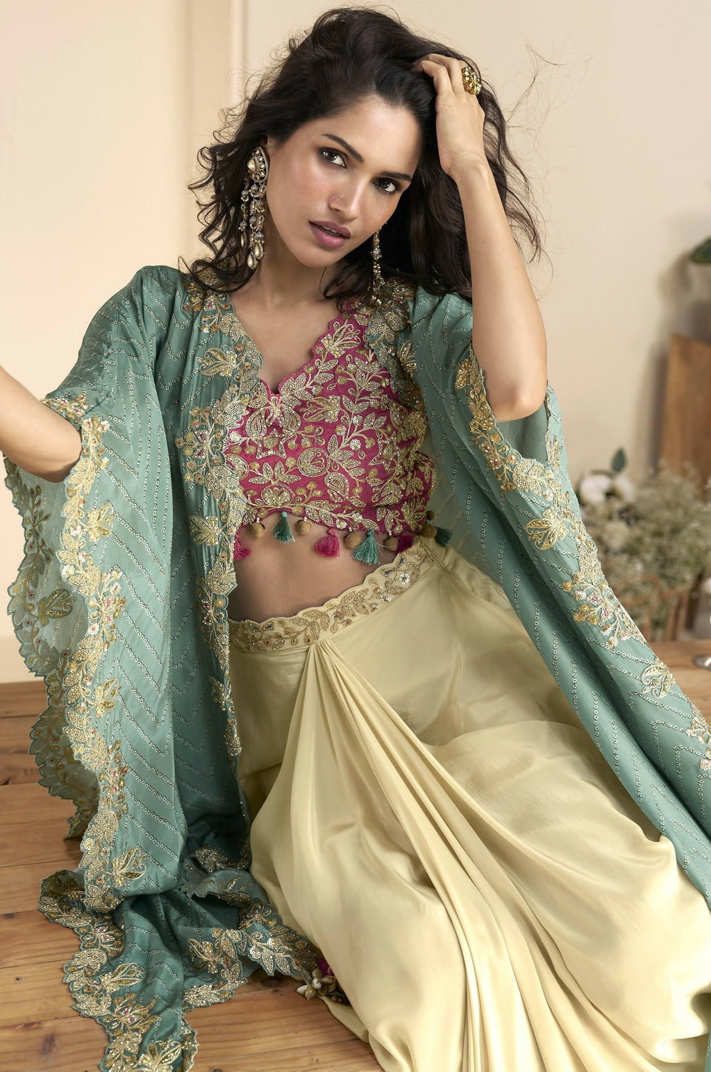 Anaita Maroon Chinon Readymade Shrug Suit with Embroidery Sequence Work