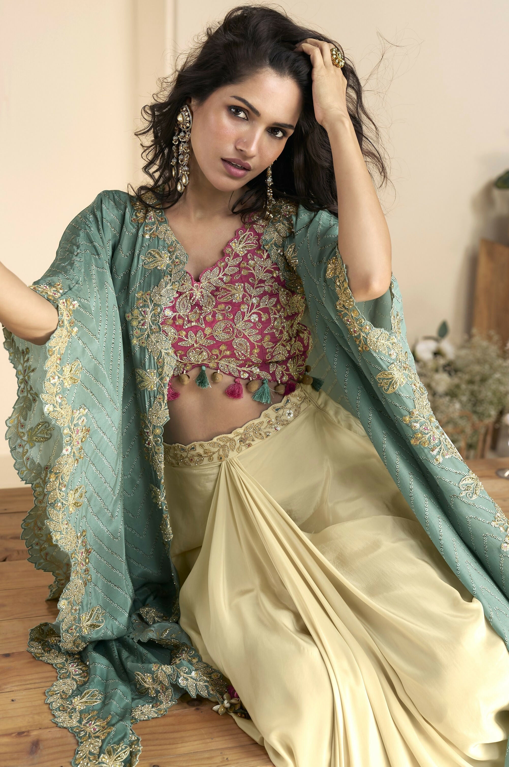 Anaita Maroon Chinon Readymade Shrug Suit with Embroidery Sequence Work