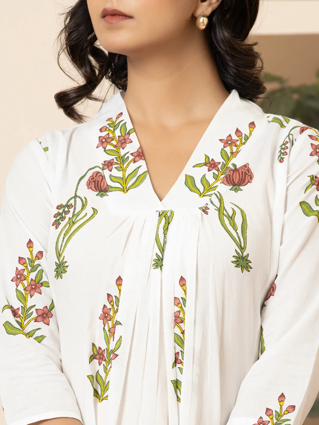 Yufta Pink & White Cotton Floral Print Aline Kurta