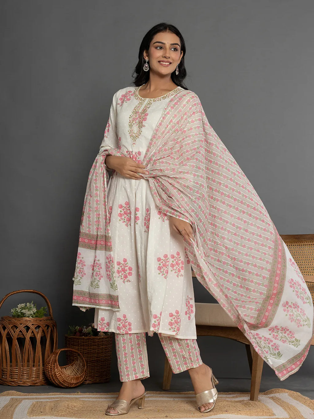 Yufta Pink & White Gota_Patti Cotton Anarkali Kurta Dupatta Pant Set