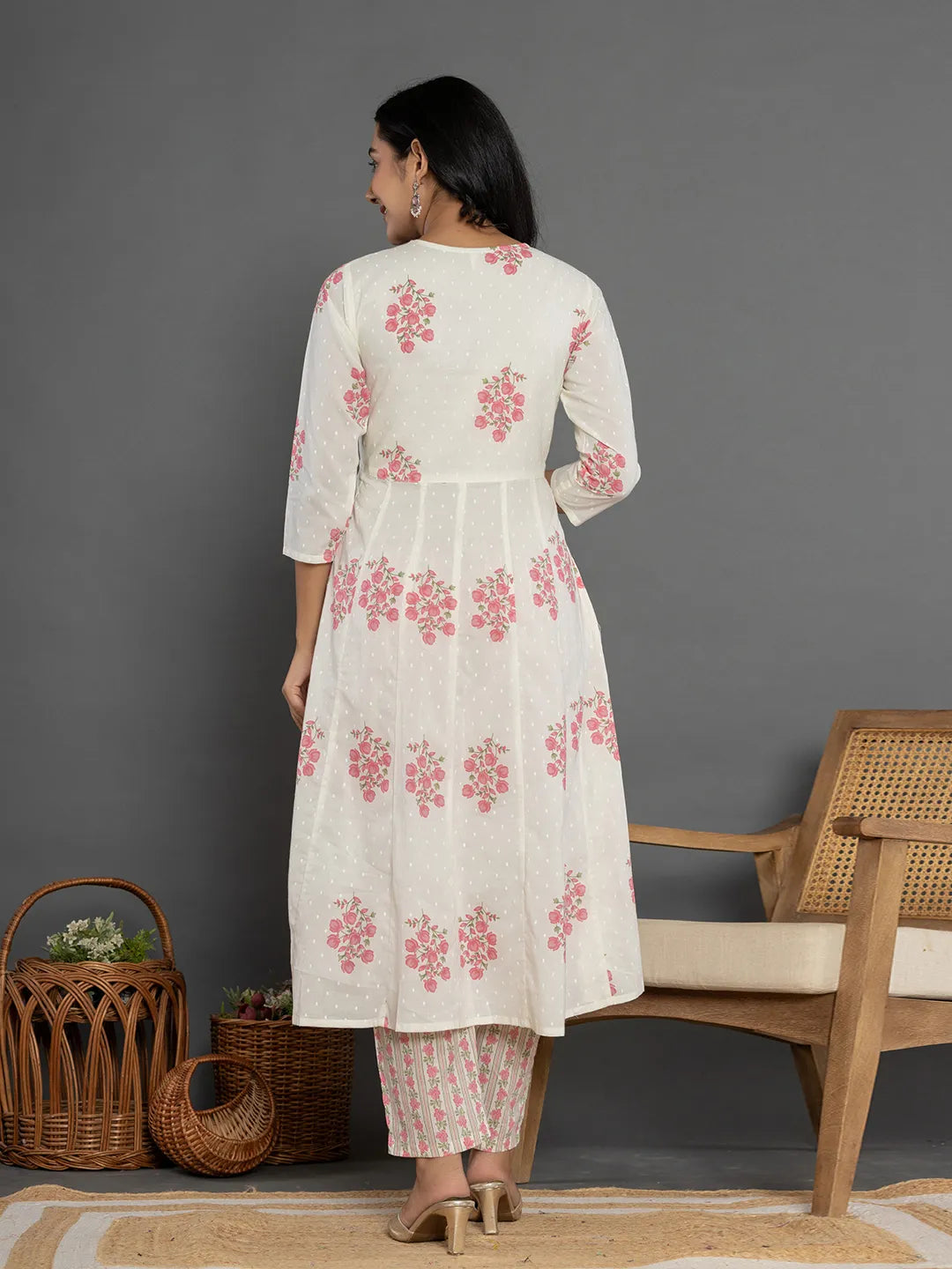 Yufta Pink & White Gota_Patti Cotton Anarkali Kurta Dupatta Pant Set