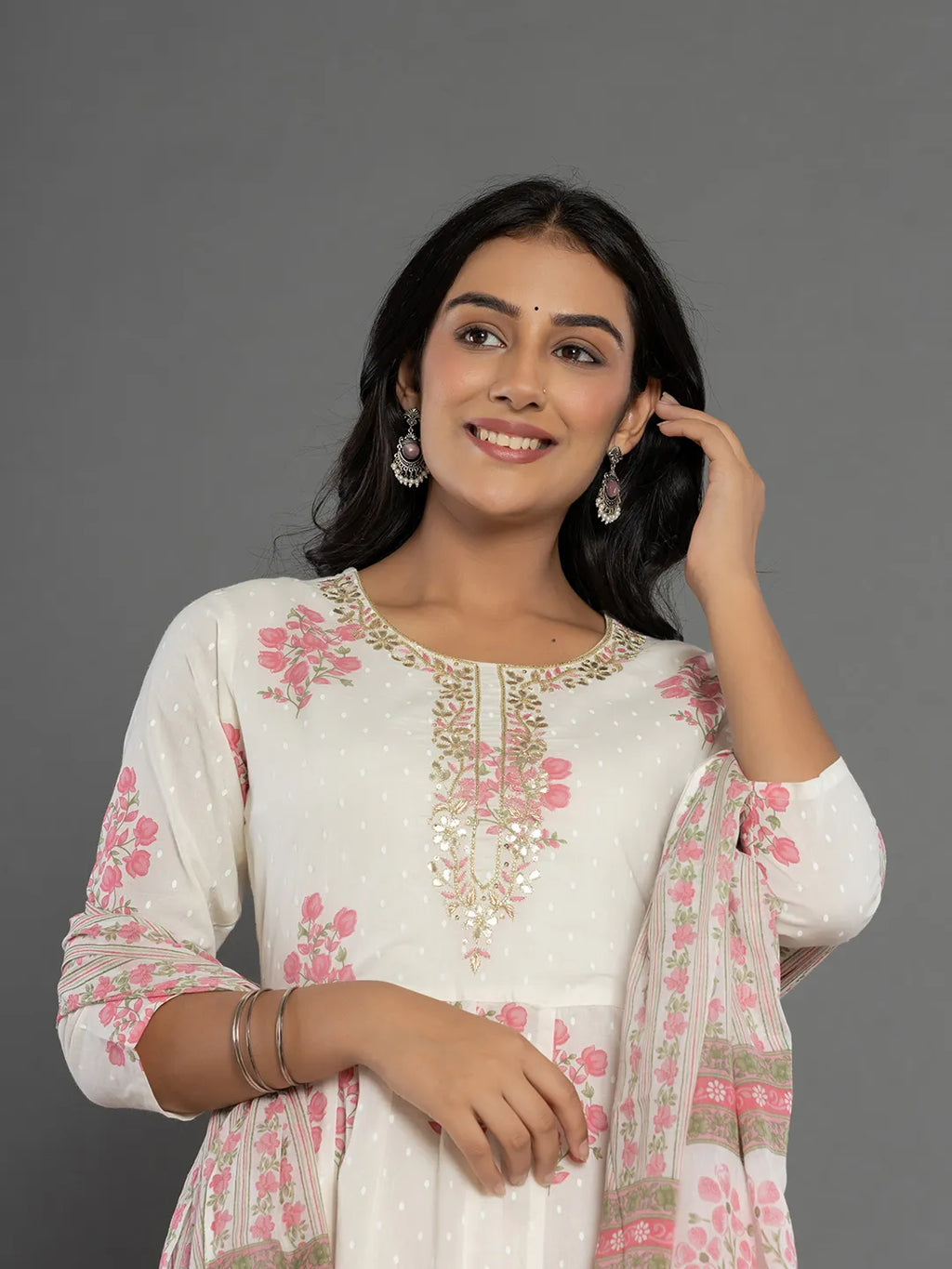 Yufta Pink & White Gota_Patti Cotton Anarkali Kurta Dupatta Pant Set