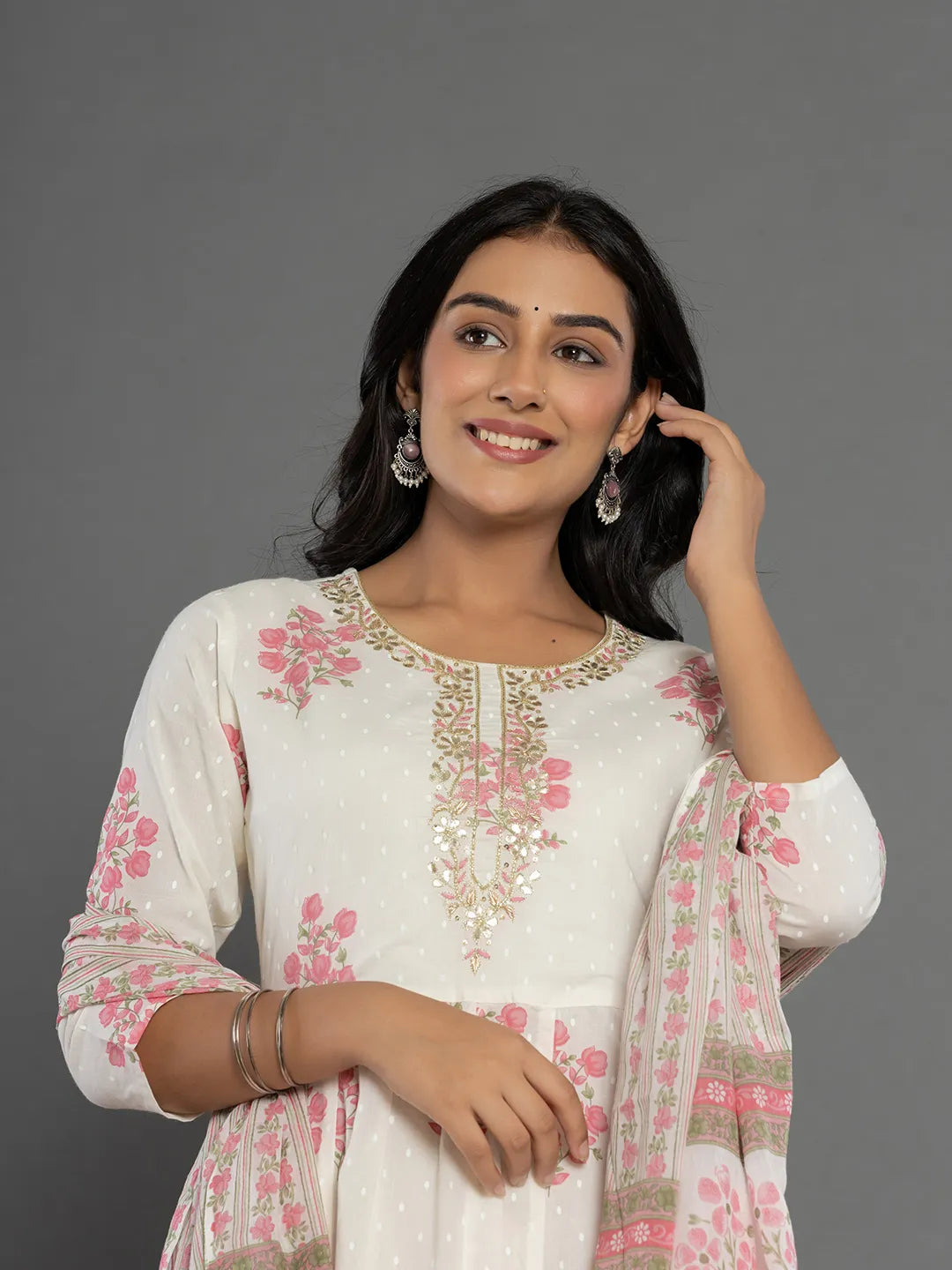 Yufta Pink & White Gota_Patti Cotton Anarkali Kurta Dupatta Pant Set