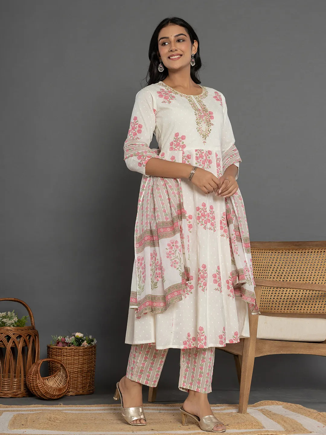 Yufta Pink & White Gota_Patti Cotton Anarkali Kurta Dupatta Pant Set