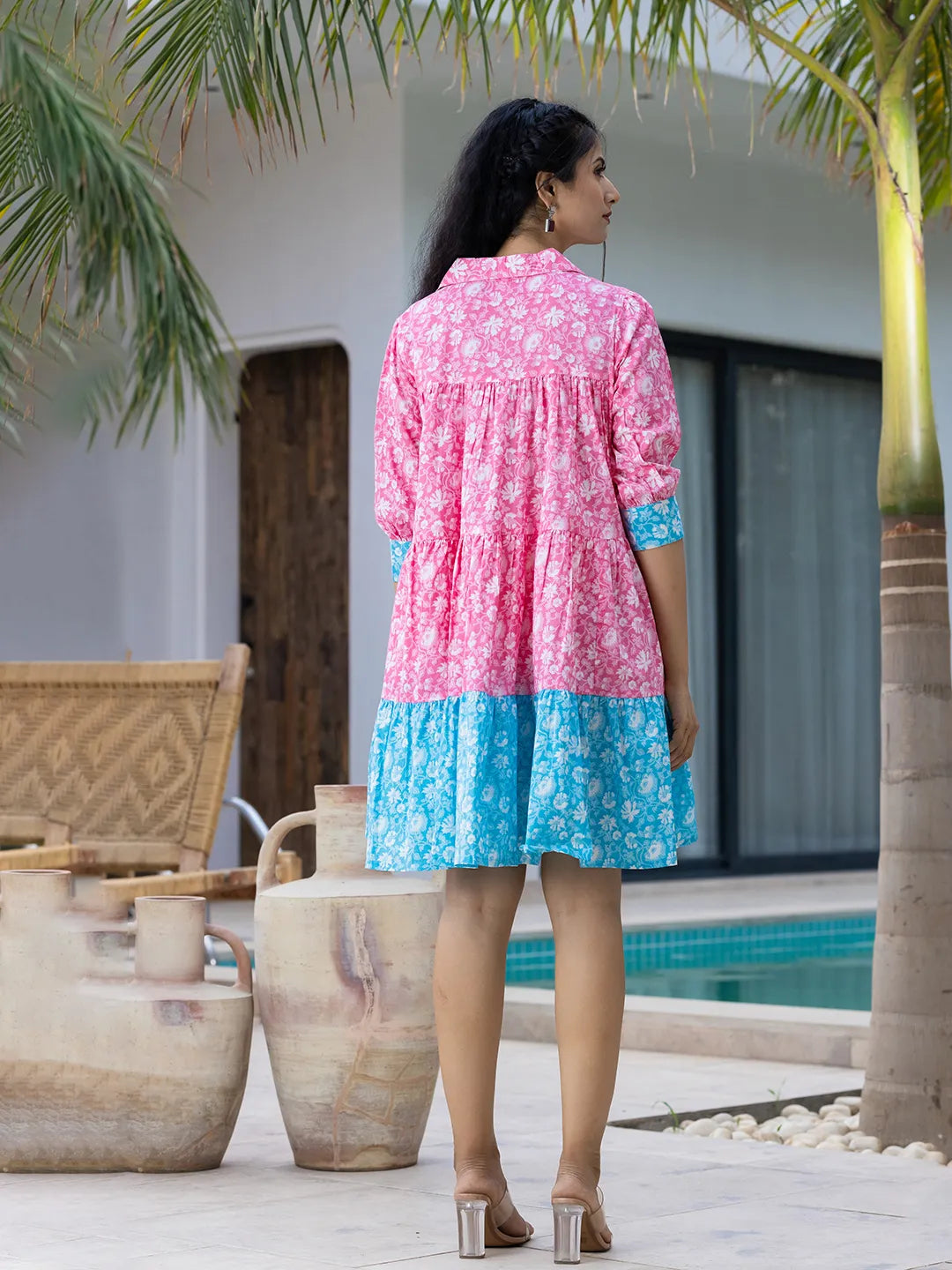 Yufta Pink & Sky Blue Pure Cotton Colour Blocking Dress