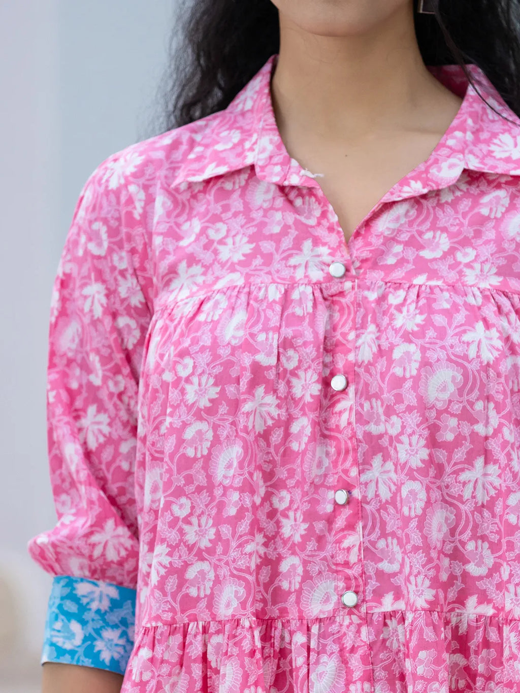 Yufta Pink & Sky Blue Pure Cotton Colour Blocking Dress