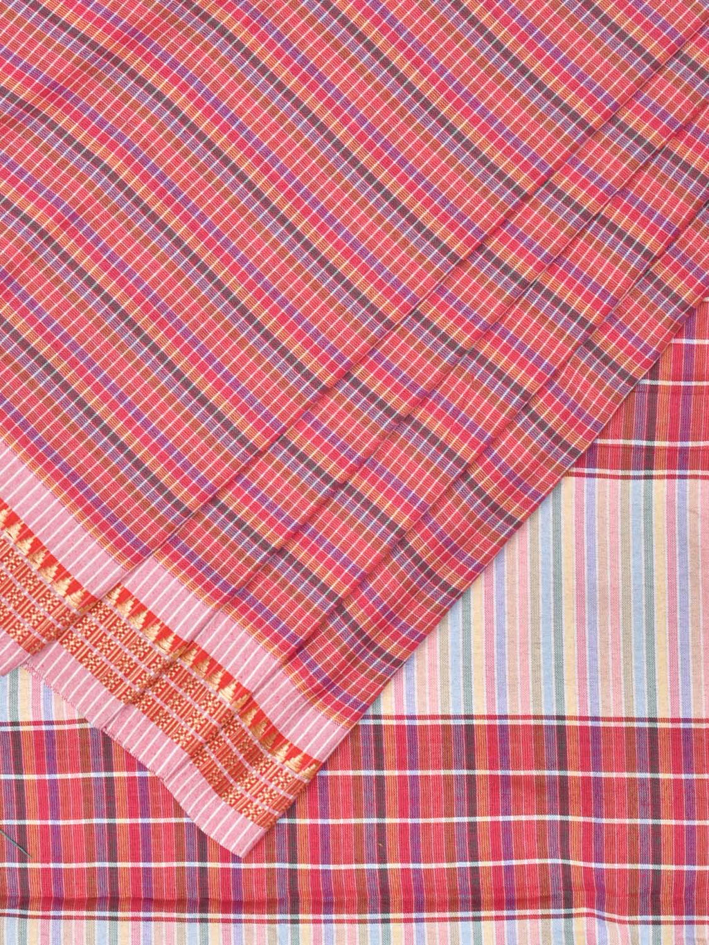 Pink Bamboo Cotton Plain Saree with Checks Design No Blouse - Global Threads