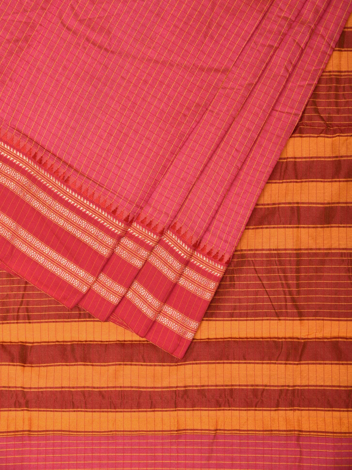 Pink Bamboo Cotton Saree with Checks Design No Blouse - Global Threads