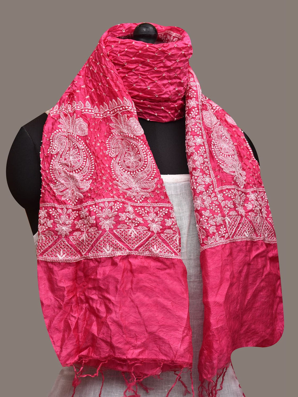 Pink Bandhani Silk Stole with Embroidary Work Design - Global Threads