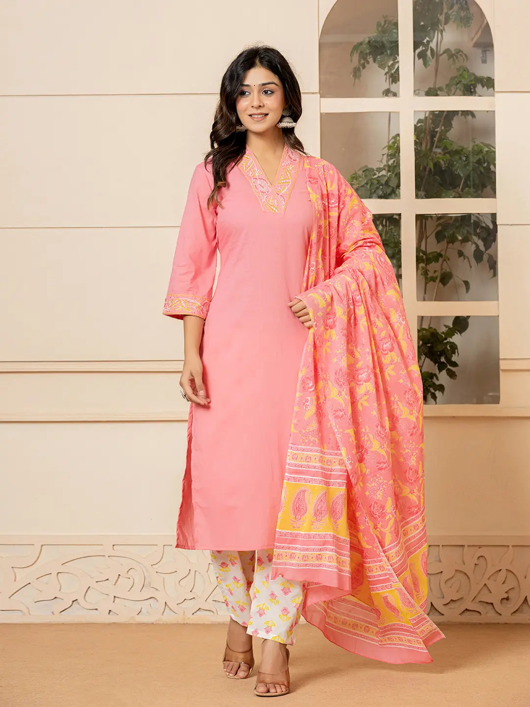 Yufta Pink Cotton Embroidered Kurta Dupatta Set