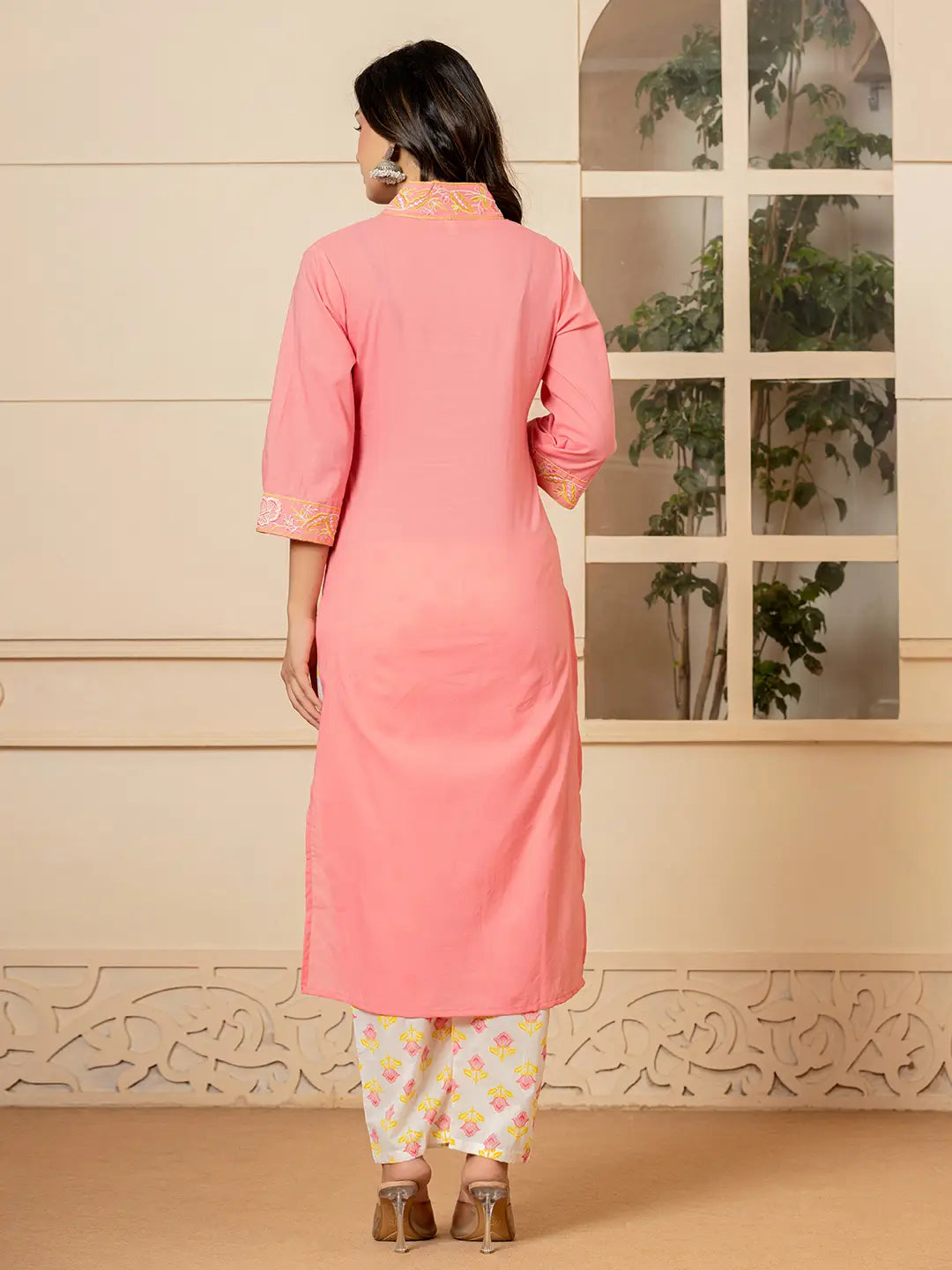 Yufta Pink Cotton Embroidered Kurta Dupatta Set
