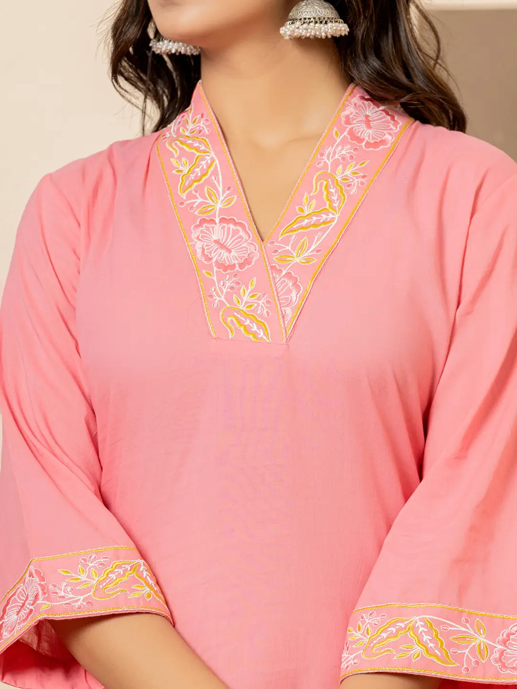 Yufta Pink Cotton Embroidered Kurta Dupatta Set