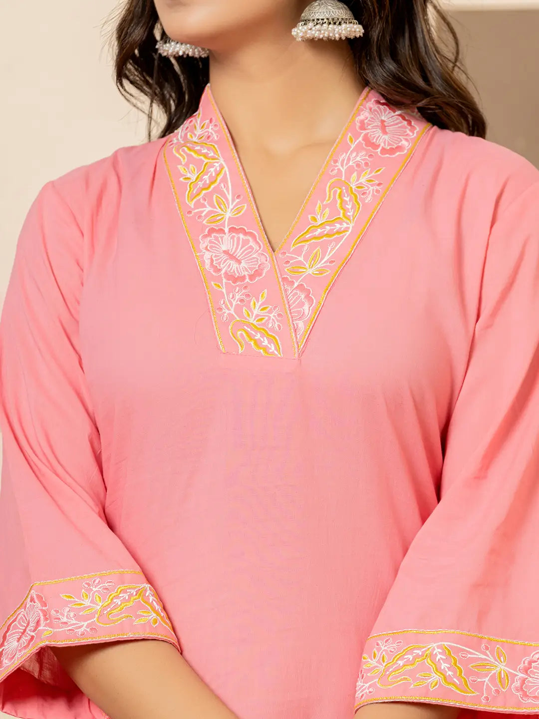 Yufta Pink Cotton Embroidered Kurta Dupatta Set