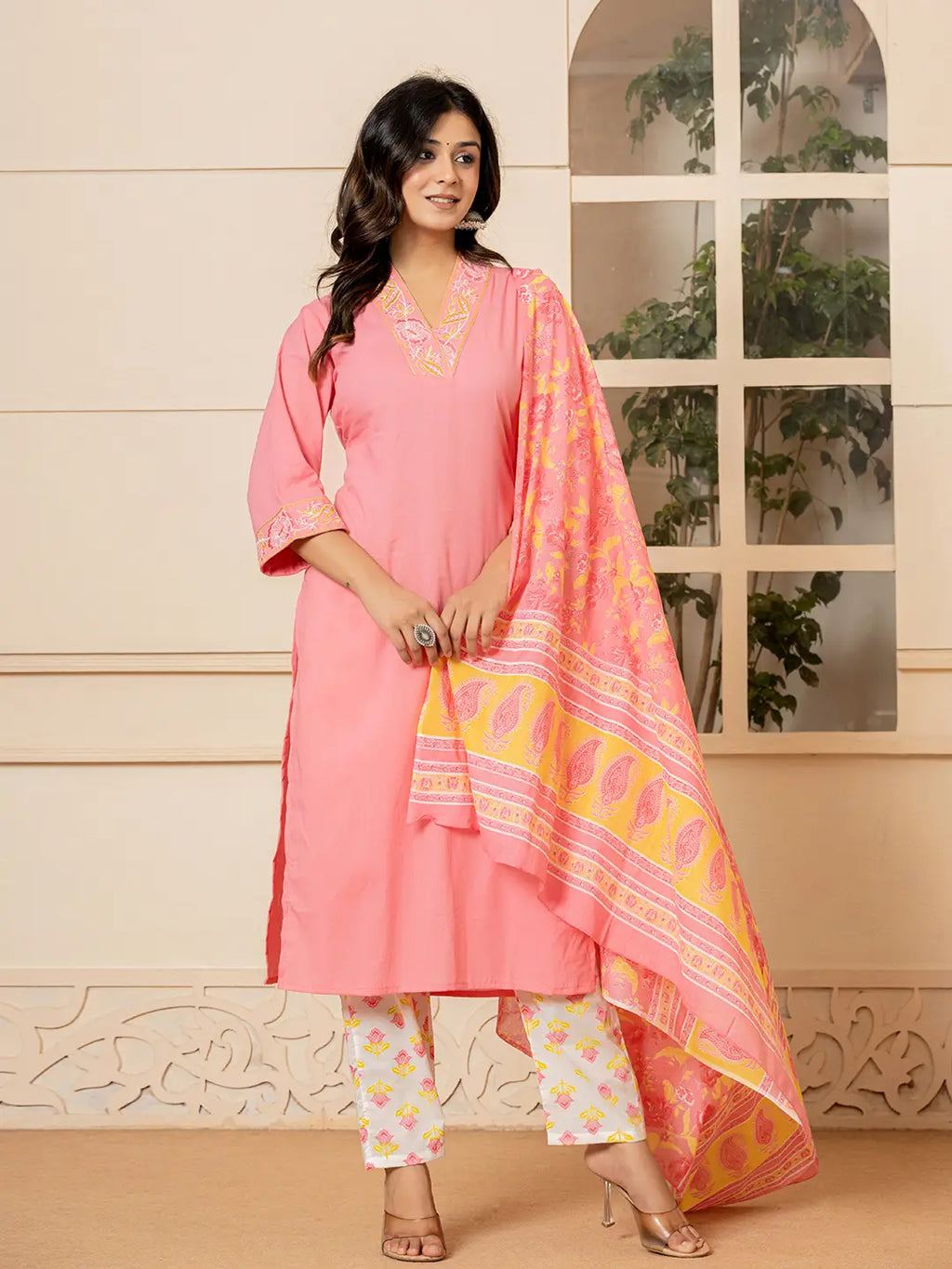 Yufta Pink Cotton Embroidered Kurta Dupatta Set