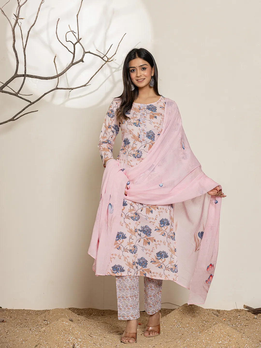 Yufta Pink Cotton Floral Print Kurta Dupatta Set